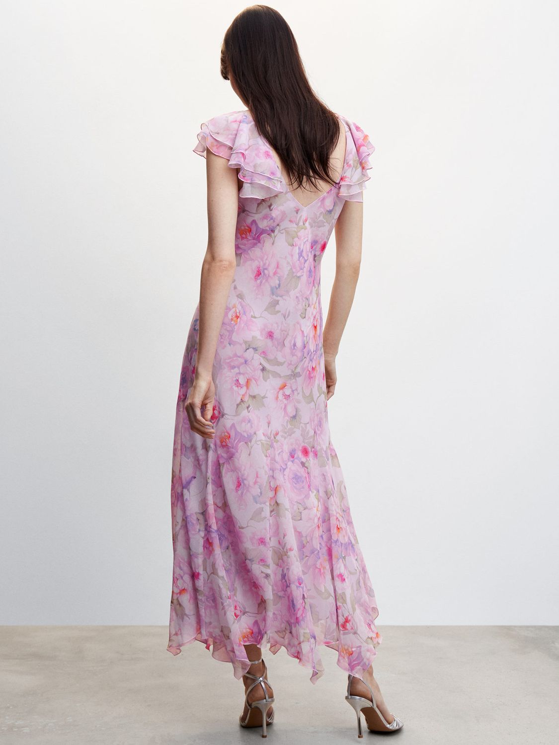 Mango Molly Ruffled Floral Print Dress, Pastel Pink at John Lewis ...