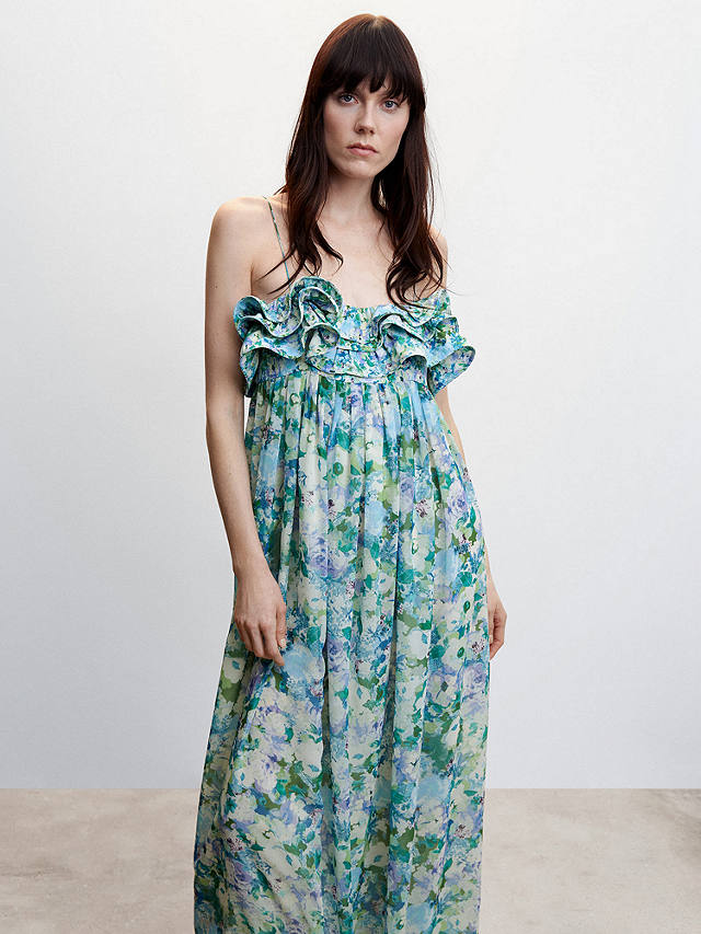 Mango Miel Floral Ruffled Dress, Blue/Multi at John Lewis & Partners