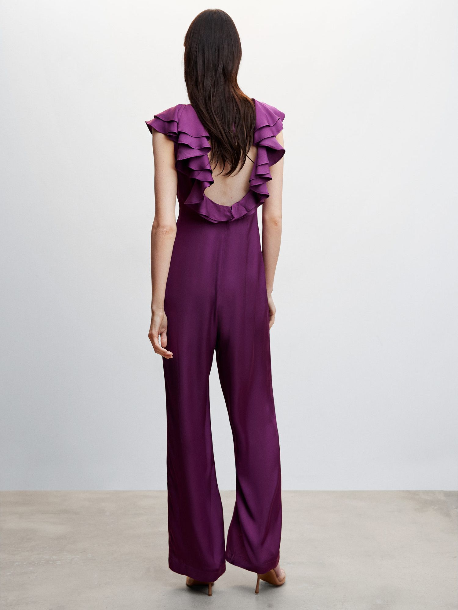 Mango Lia Open Back Ruffled Satin Jumpsuit, Purple at John Lewis