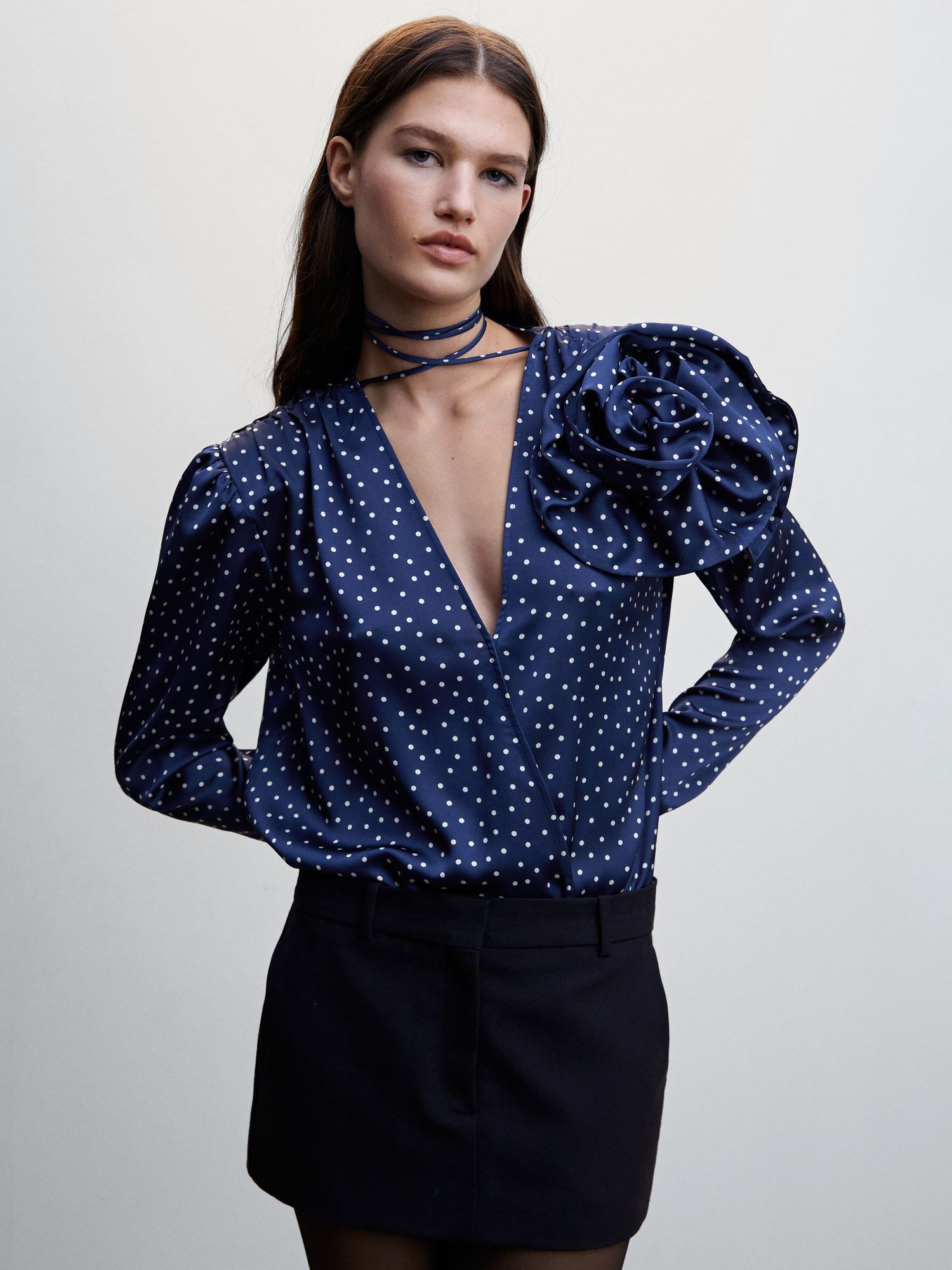 Zara Blue & Ecru Polka Dot Blouse Shirt Top with Tie Detail