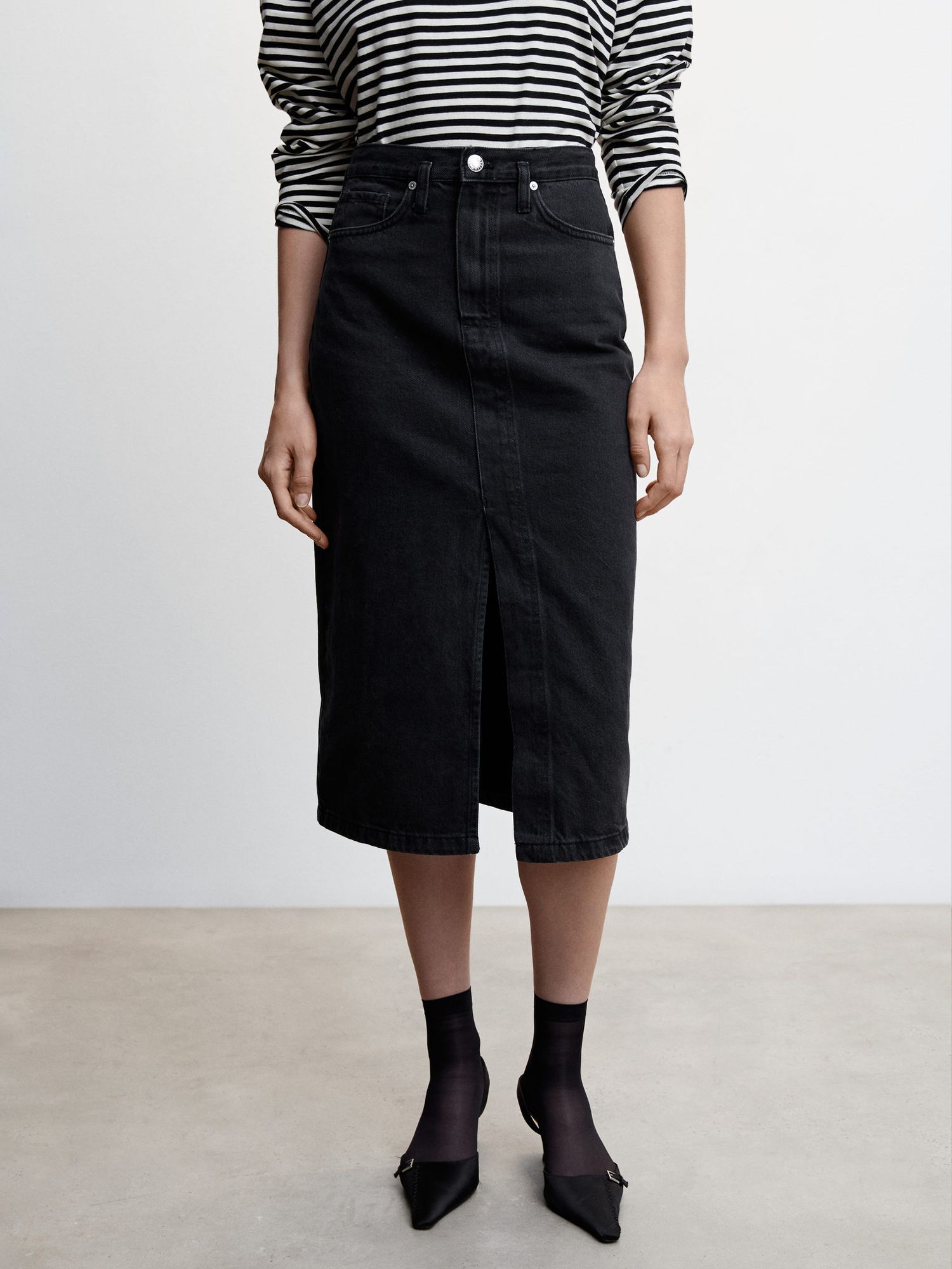 Mango Soleil Denim Midi Skirt, Open Grey at John Lewis & Partners