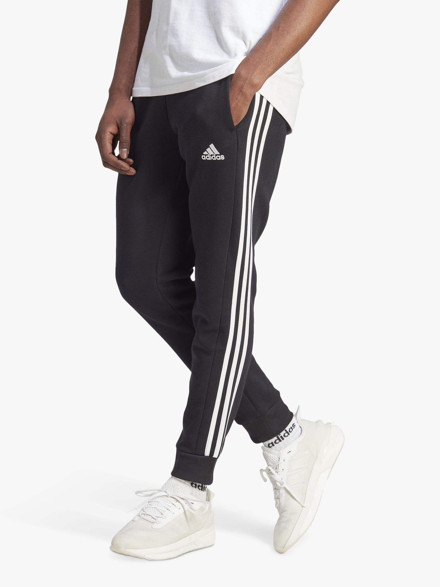 adidas Essentials 3-Stripes Fleece Tapered Jogger, Black/White at John Lewis & Partners