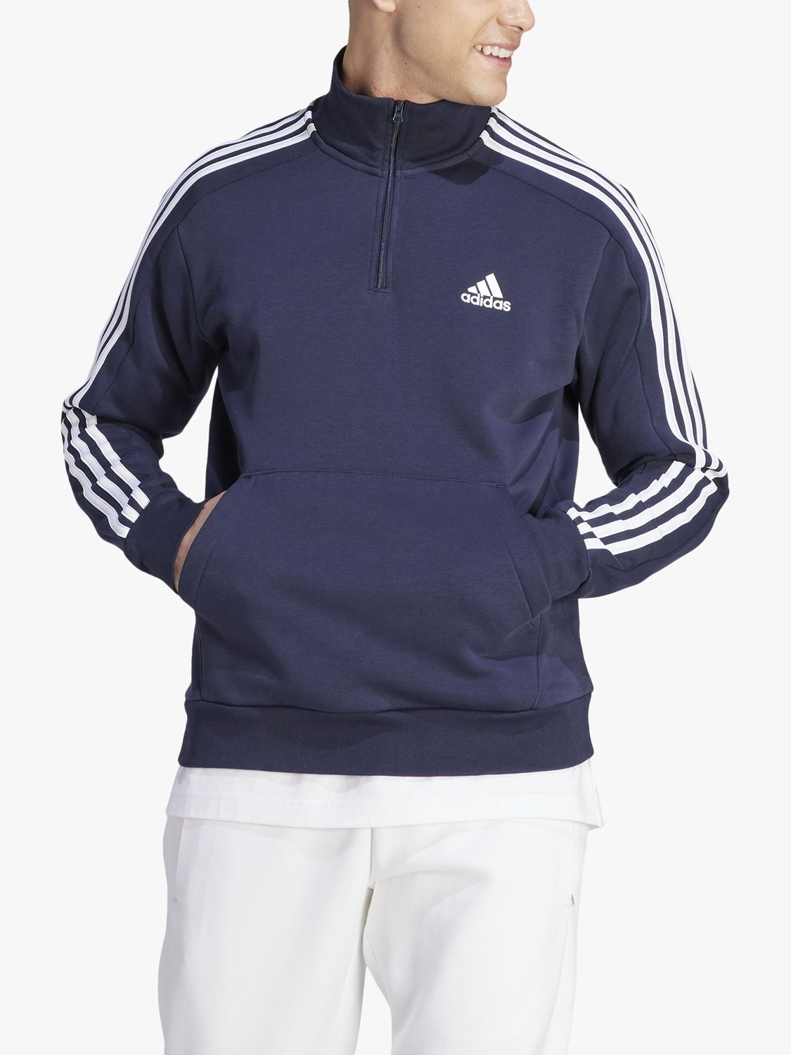 adidas 3-Stripes Fleece 1/4 Zip Sweatshirt, Legend Ink/White at