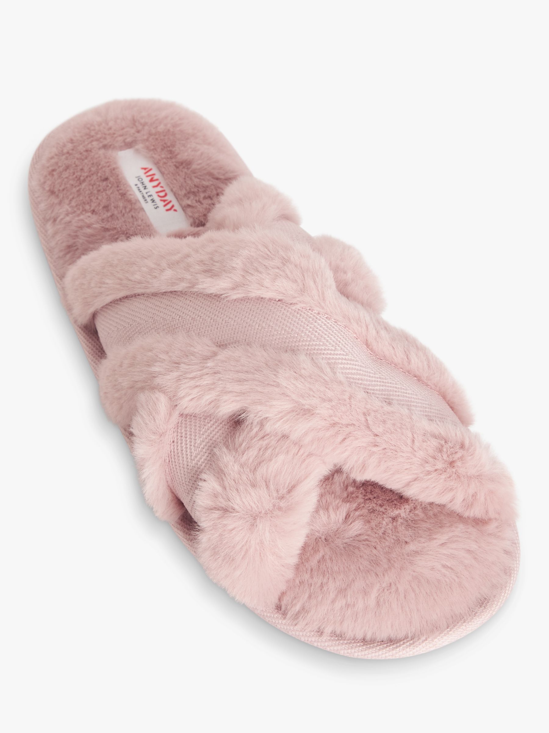 John Lewis ANYDAY Cross Strap Faux Fur Slippers, Dusky Pink, 3-4