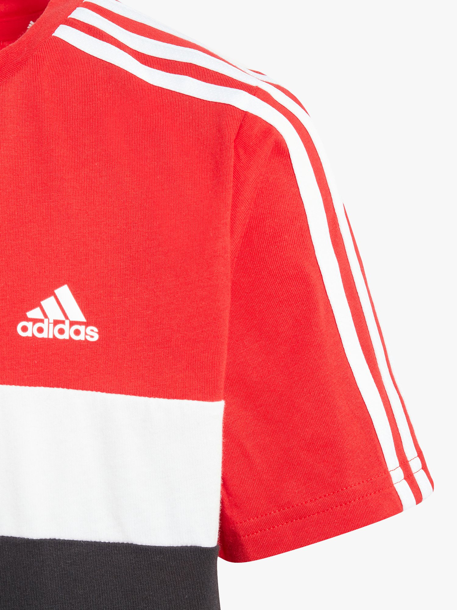 adidas Kids' 3-Stripe TIB T-Shirt, Black/Red at John Lewis & Partners