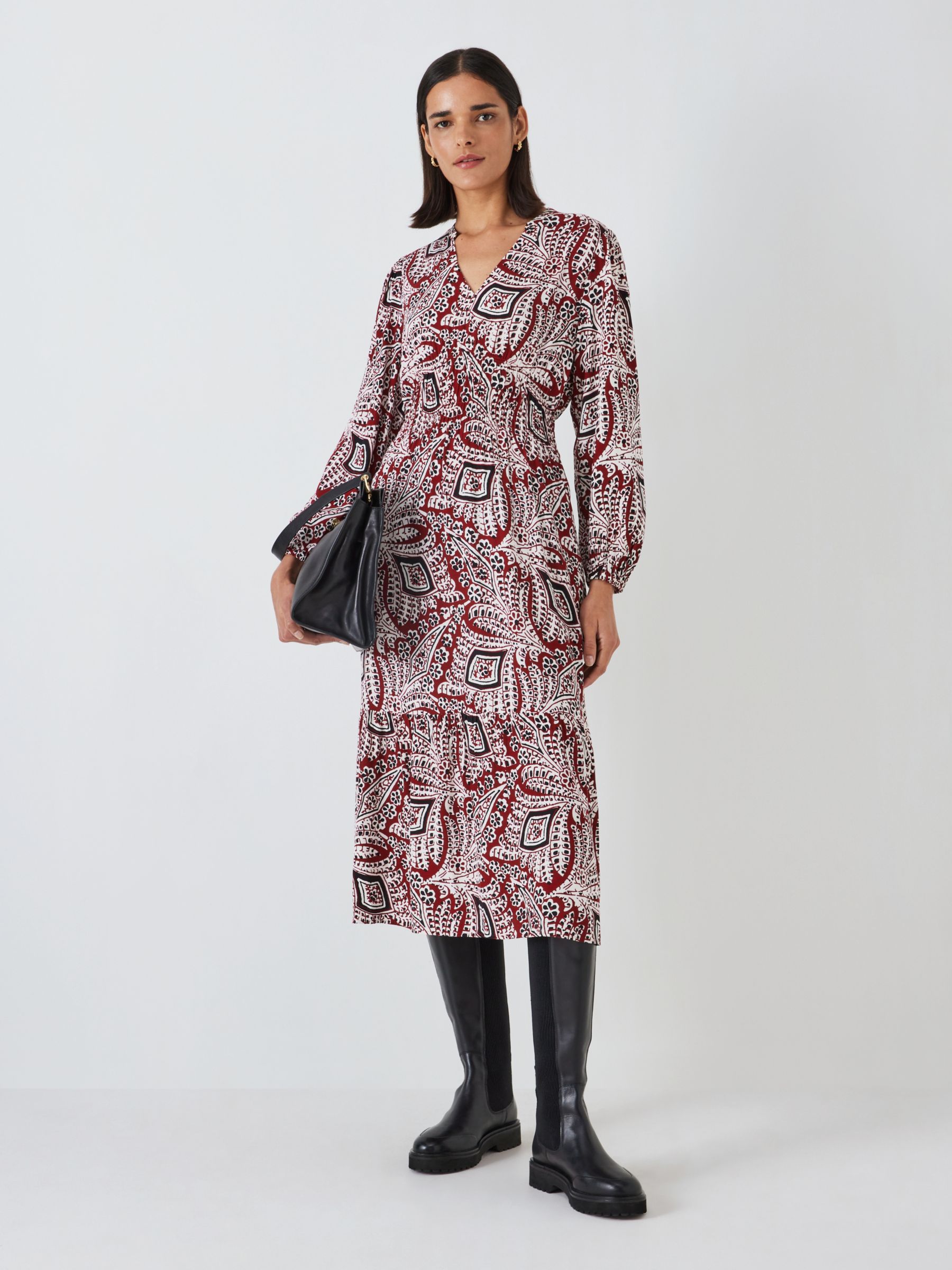 John Lewis Paisley Print Midi Dress, Red/Multi, 8