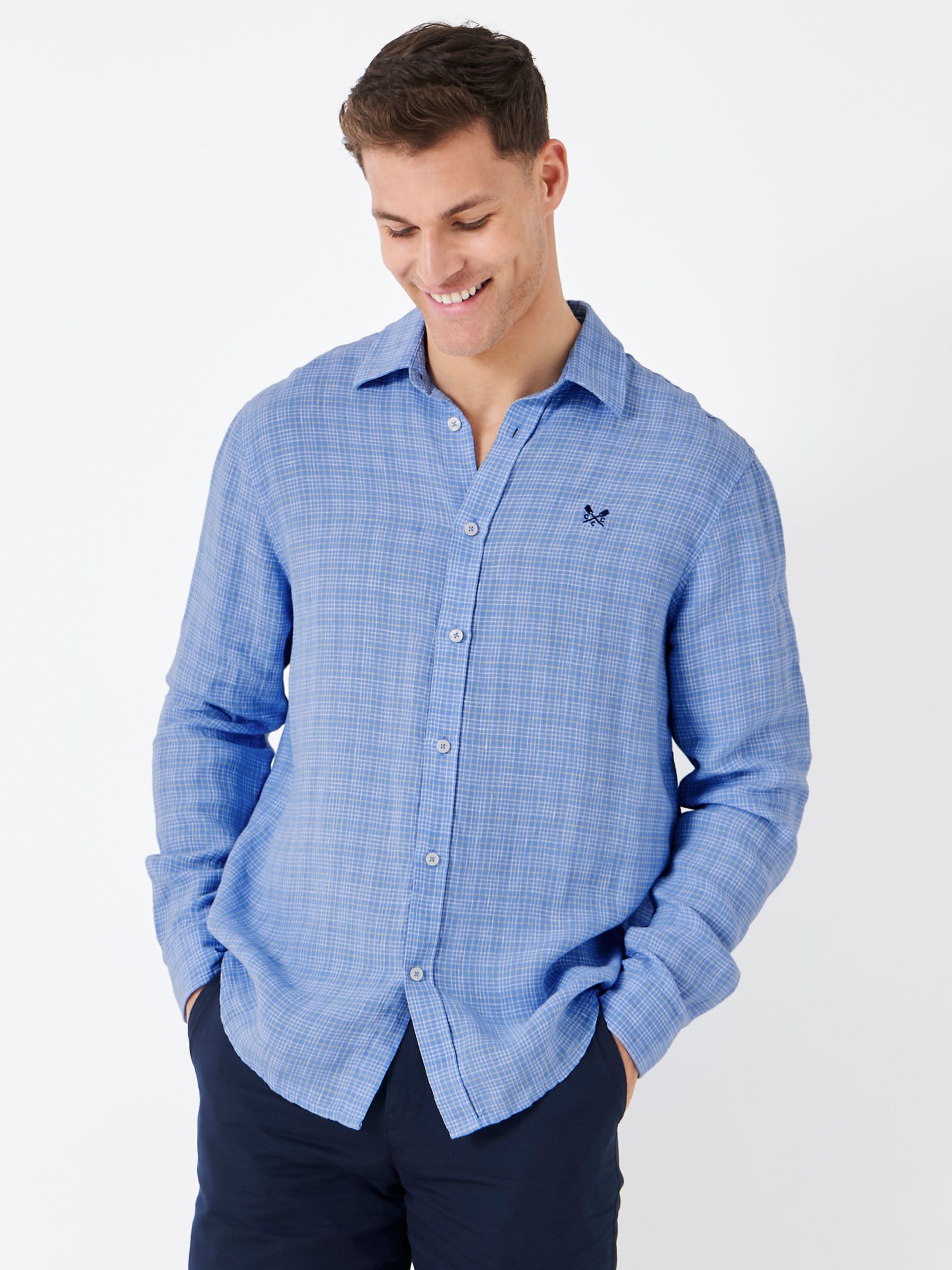 Crew Clothing Long Sleeve Linen Shirt, Mid Blue at John Lewis & Partners