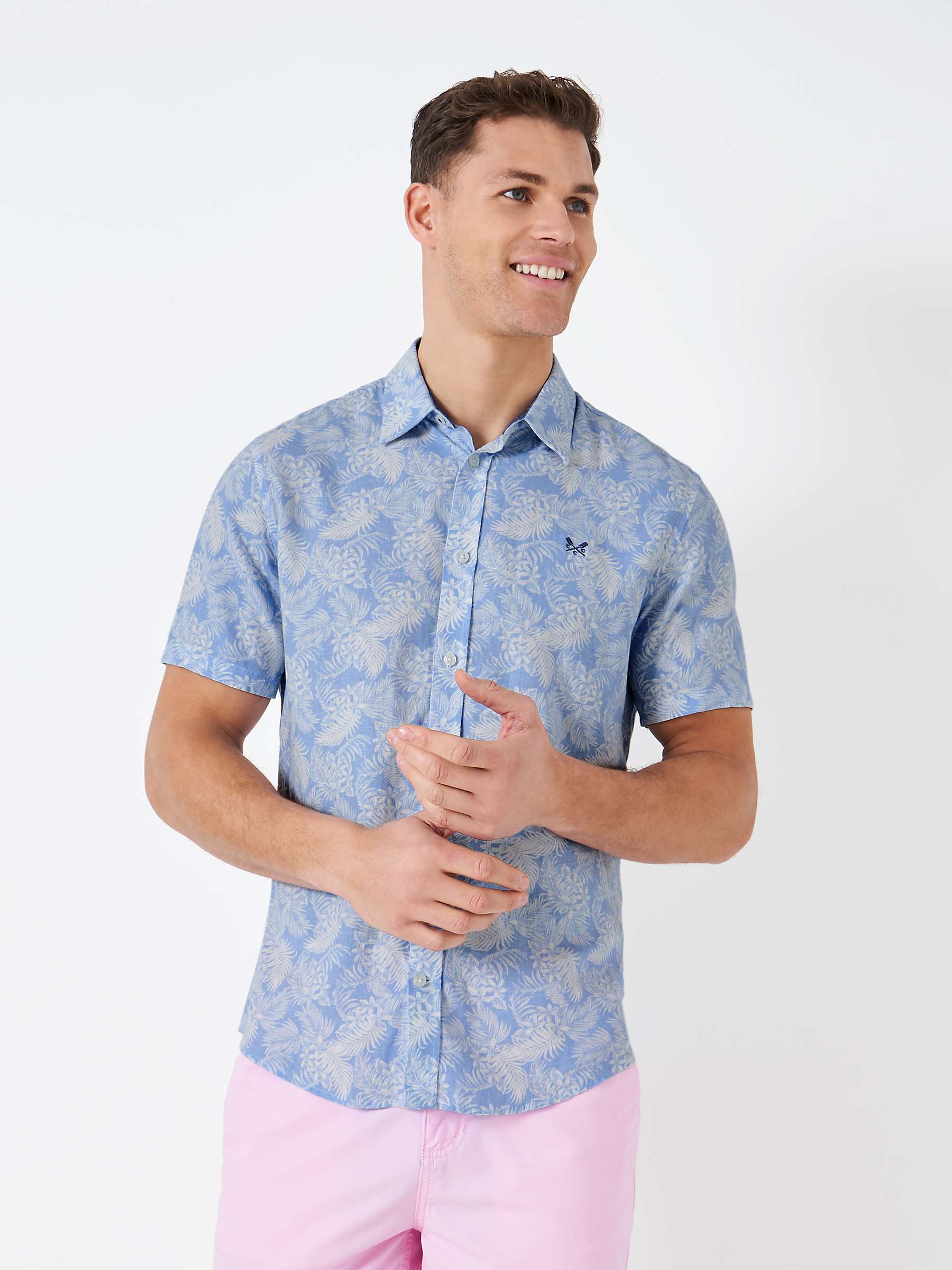 Buy Crew Clothing Short Sleeved Linen Blend Leaf Print Shirt, Light Blue/White Online at johnlewis.com