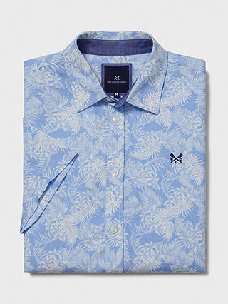Crew Clothing Short Sleeved Linen Blend Leaf Print Shirt, Light Blue/White