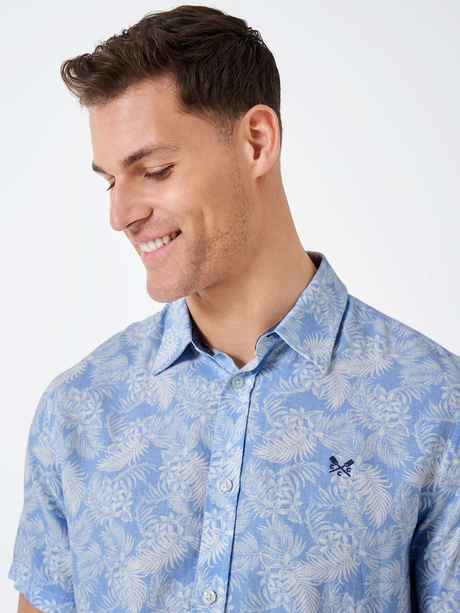 Buy Crew Clothing Short Sleeved Linen Blend Leaf Print Shirt, Light Blue/White Online at johnlewis.com
