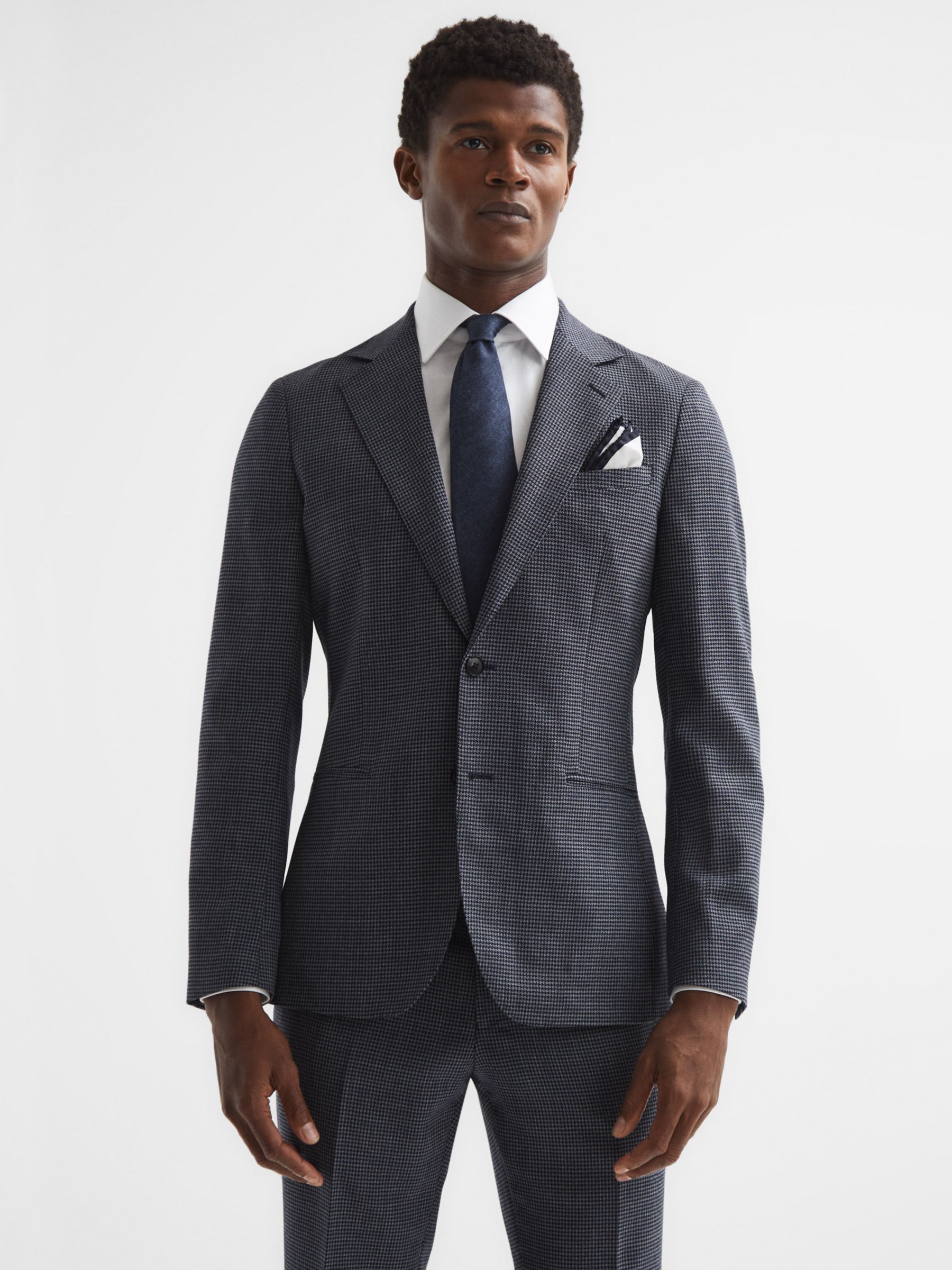 Reiss Leadenhall Single Breasted Dogtooth Pattern Wool Blazer, Navy at ...