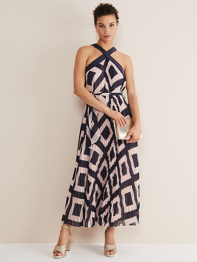 Phase Eight Hestia Diamond Print Trapeze Pleated Maxi Dress, Navy/Pink