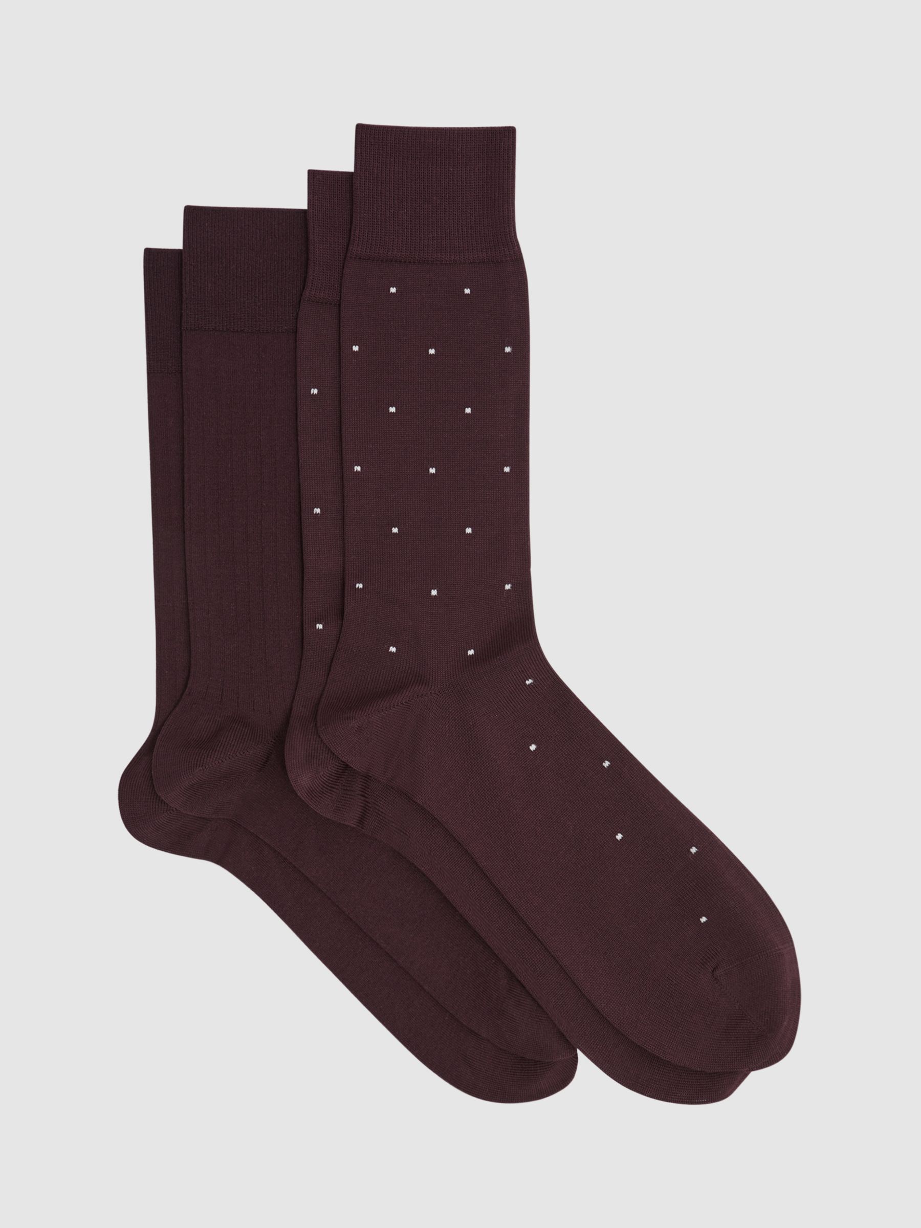 Reiss Graham Ribbed and Spot Cotton Blend Socks, Pack of 2, Bordeaux at ...
