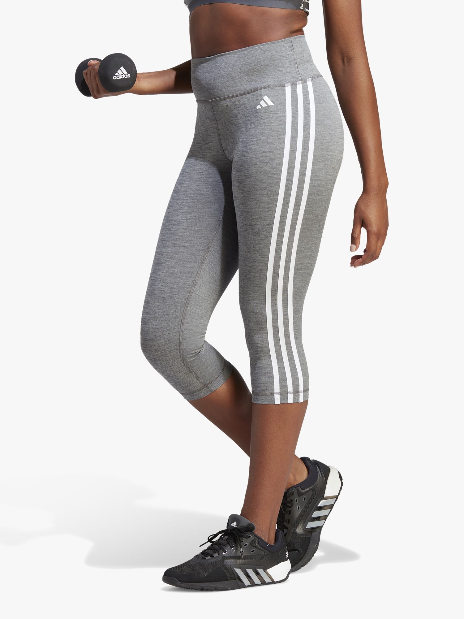 adidas Train Essentials 3-Stripes 3/4 Gym Leggings, Dark Grey Heather, XS