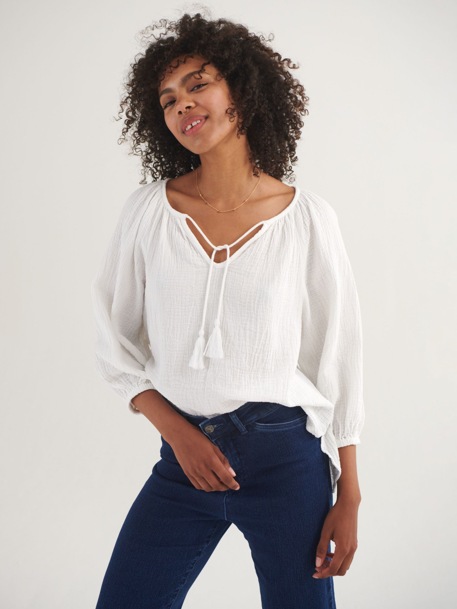 NRBY Annabel Crinkle Cotton Tie Neck Top, White at John Lewis & Partners