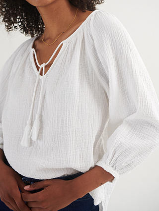 NRBY Annabel Crinkle Cotton Tie Neck Top, White