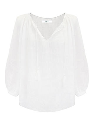 NRBY Annabel Crinkle Cotton Tie Neck Top, White
