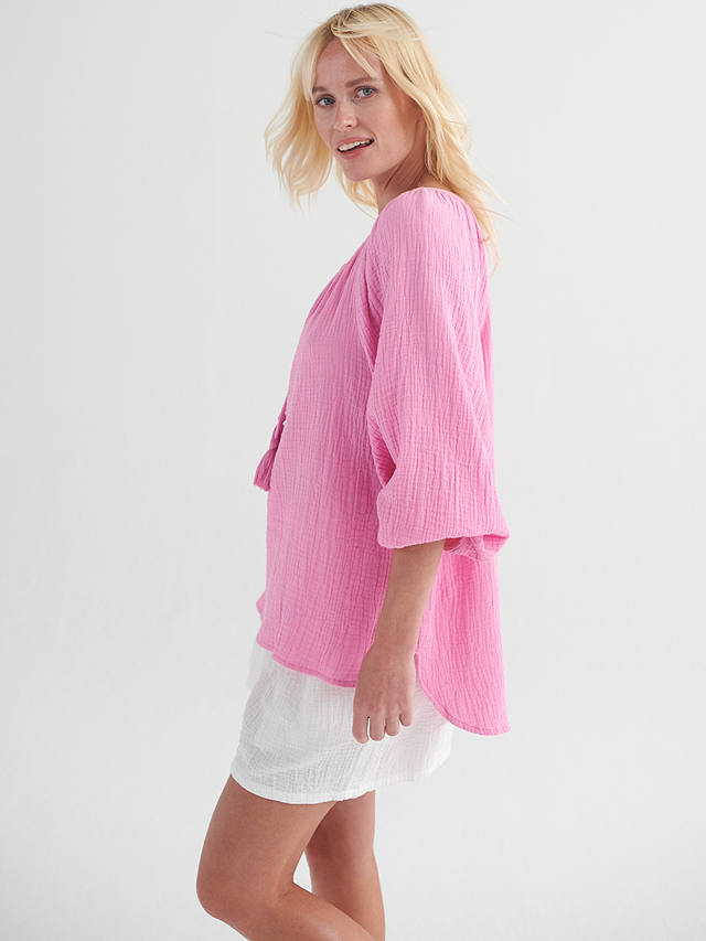 NRBY Annabel Crinkle Cotton Tie Neck Top, Pink