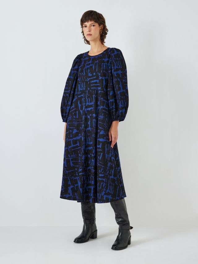 John Lewis Abstract Print Puff Sleeve Dress, Black/Blue, 8