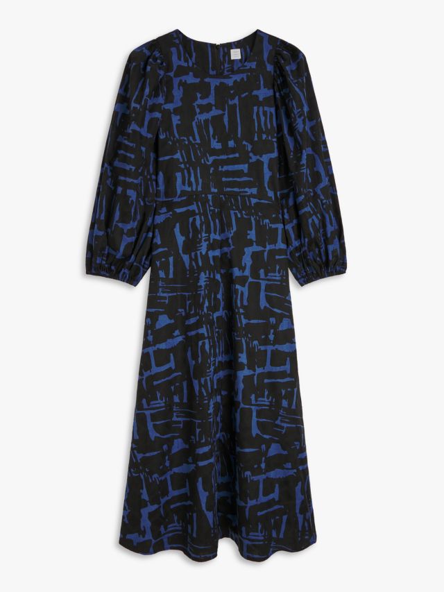 John Lewis Abstract Print Puff Sleeve Dress, Black/Blue, 8
