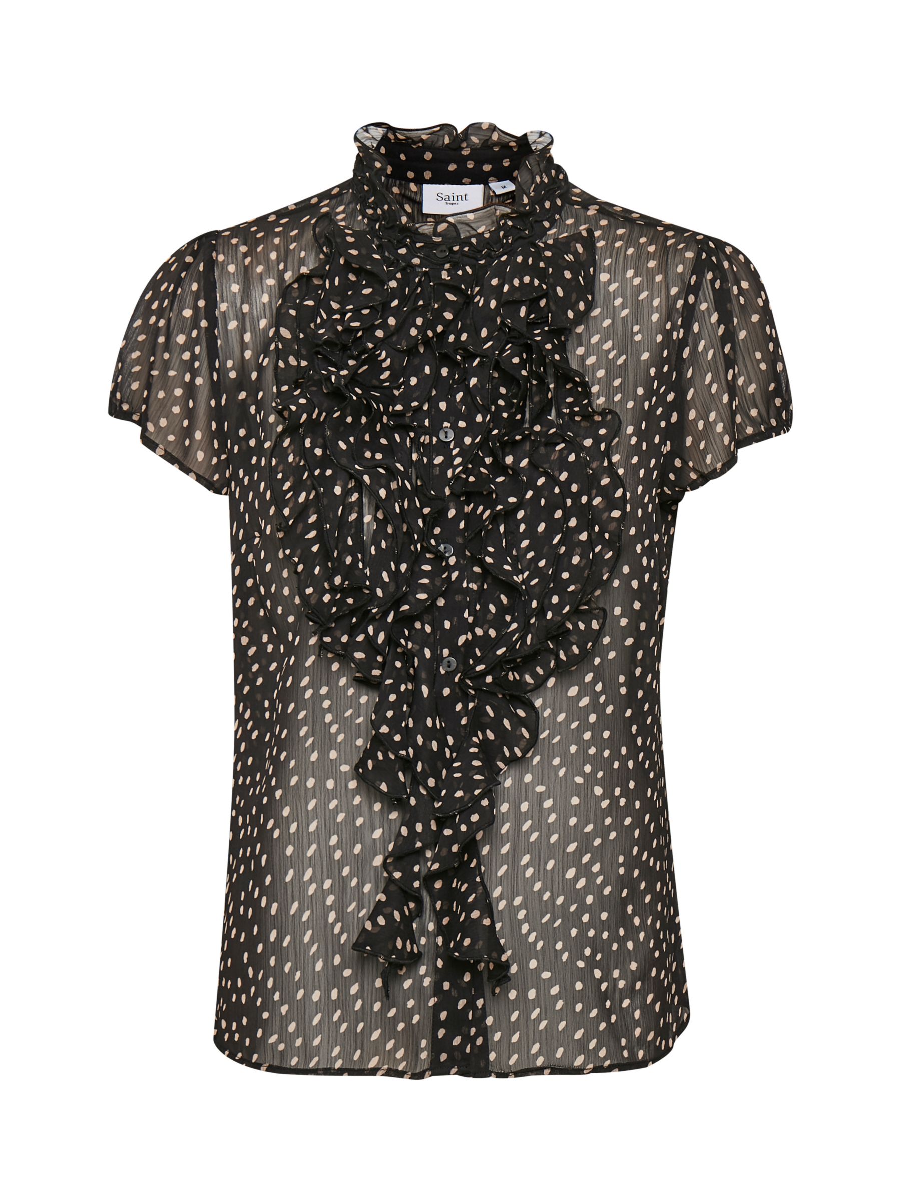 Saint Tropez Lilly Short Sleeve Ruffle Neck Blouse, Dot Black