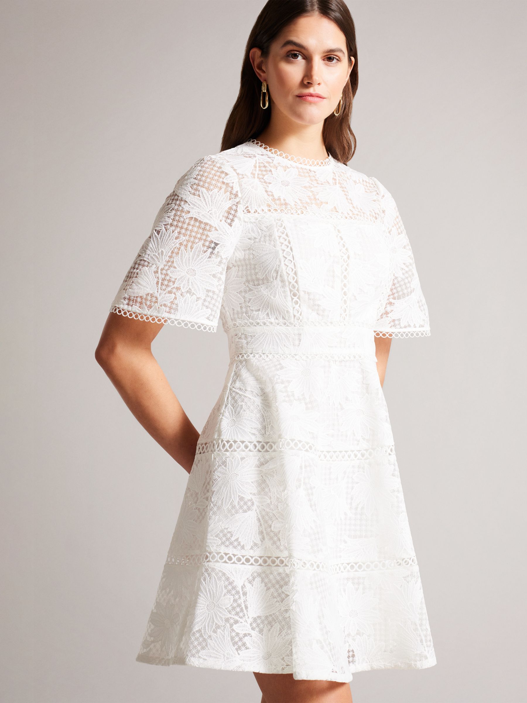 Ted Baker Lydiiha Fit And Flare Tiered Mini Lace Dress, White