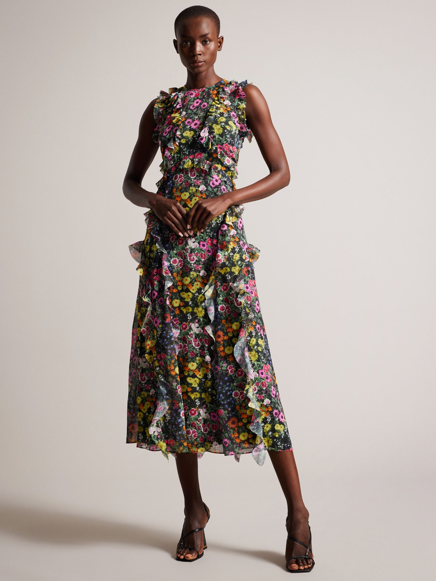 Ted Baker Gloriha Frill Trim Midi Floral Dress, Multi