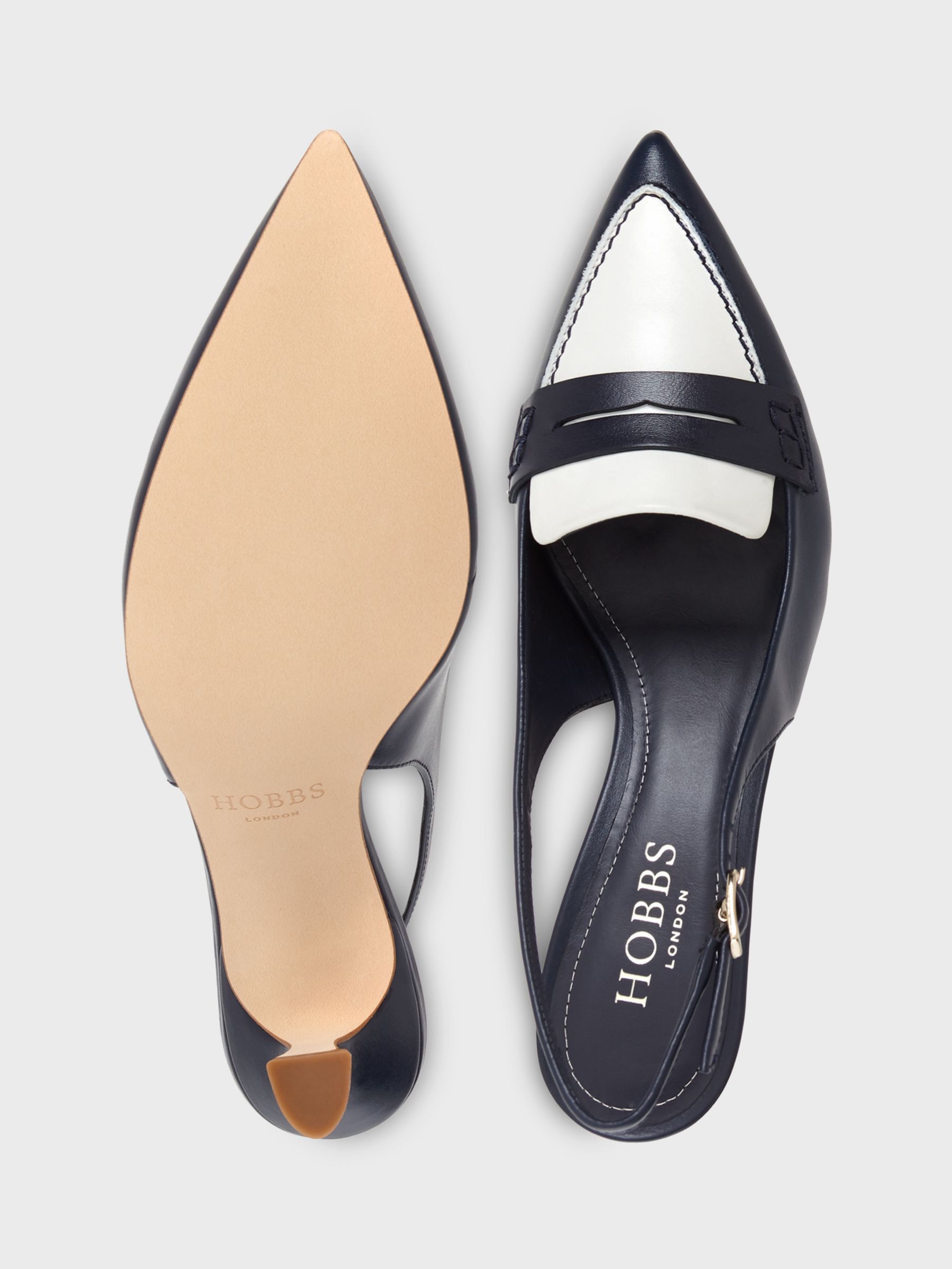 Hobbs Mischa Leather Slingback Court Shoes, Navy/Ivory at John Lewis ...