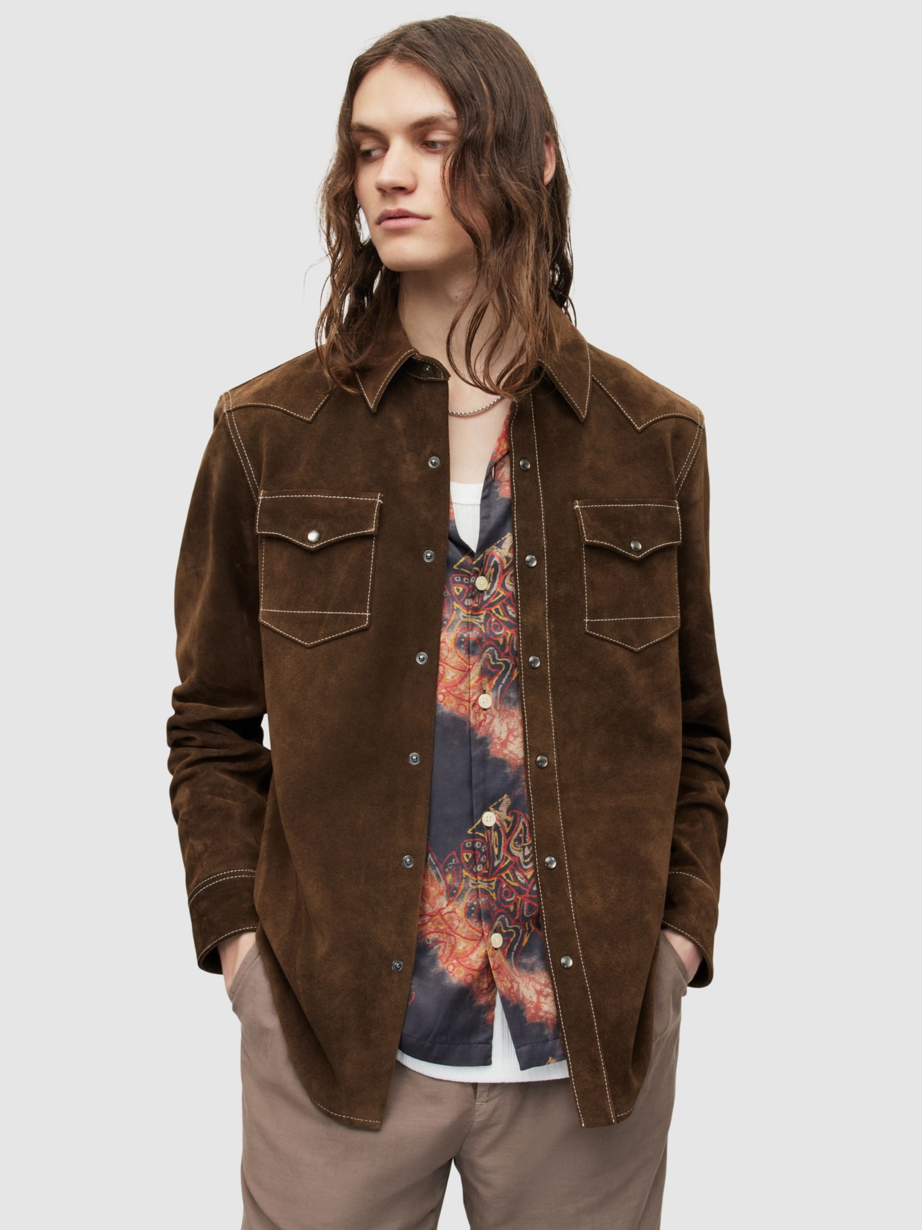 AllSaints Cruise Long Sleve Leather Shirt, Brown, XS