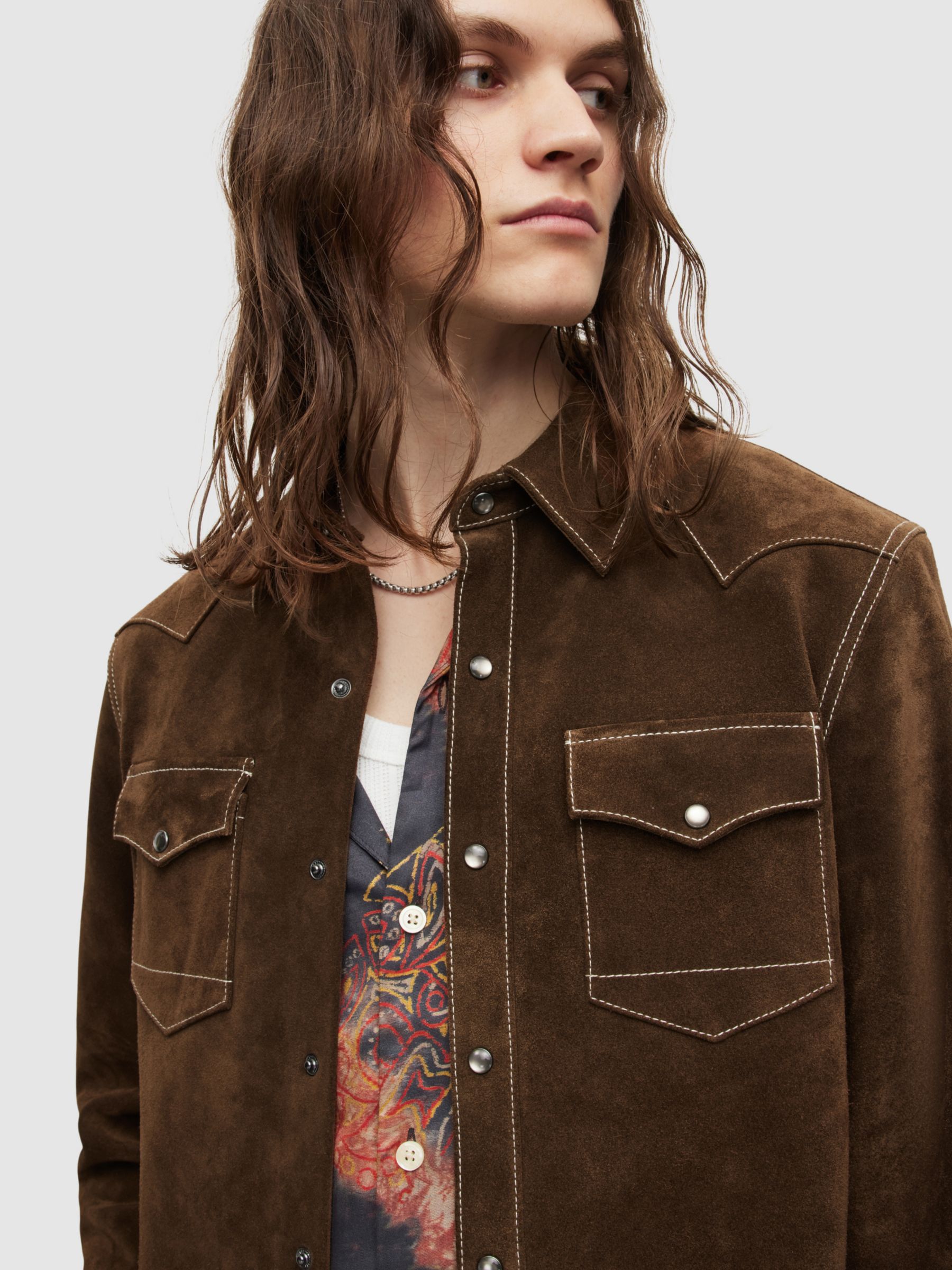 AllSaints Cruise Long Sleve Leather Shirt, Brown, XS