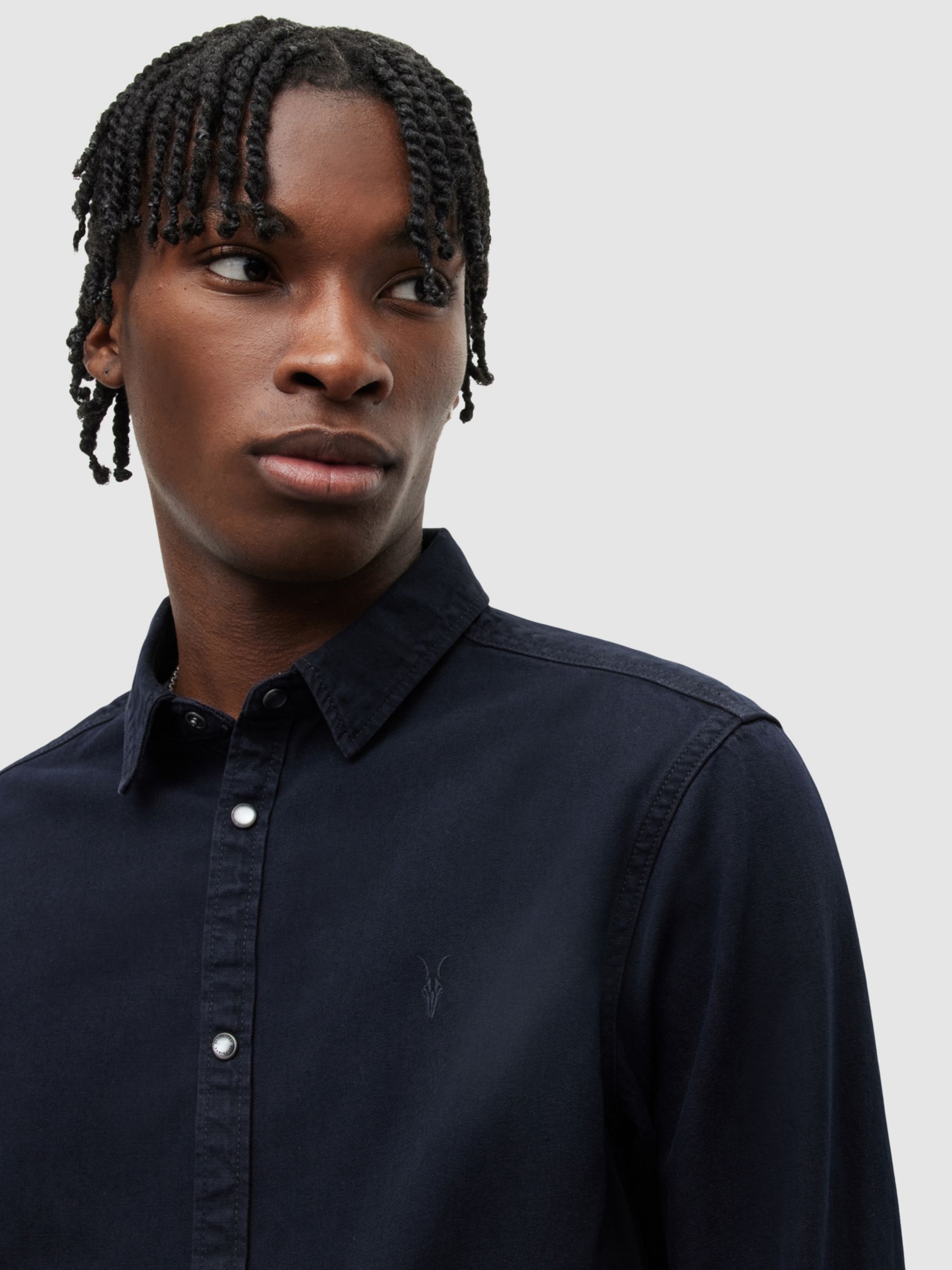 AllSaints Gleason Denim Shirt, Blue/Black at John Lewis & Partners