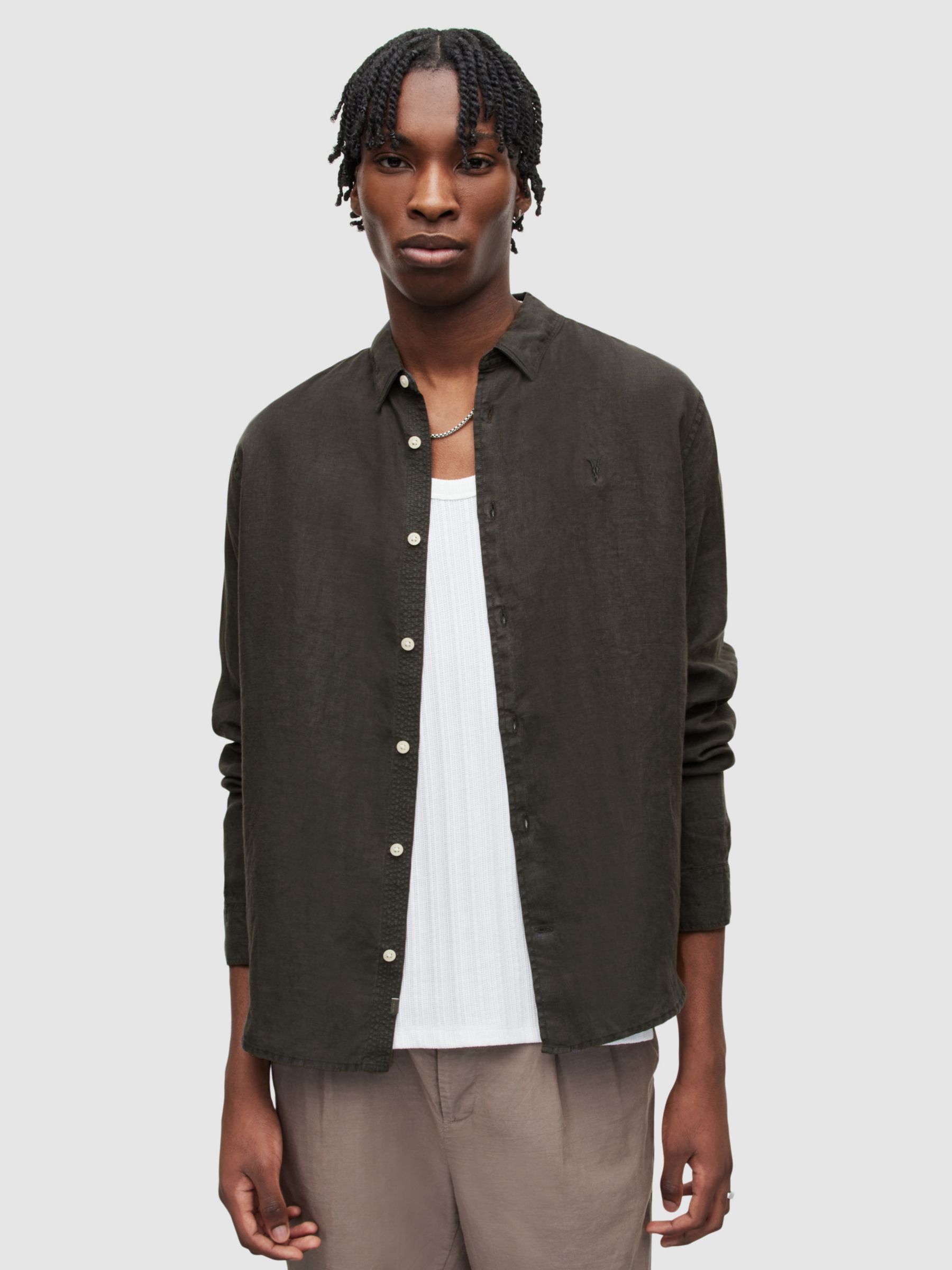 AllSaints Cypress Linen Long Sleeve Shirt, Washed Black, XS