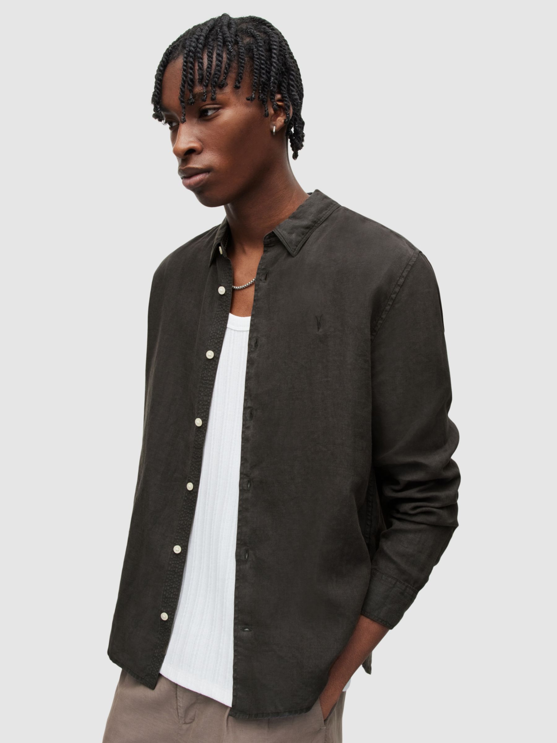 AllSaints Cypress Linen Long Sleeve Shirt, Washed Black, XS