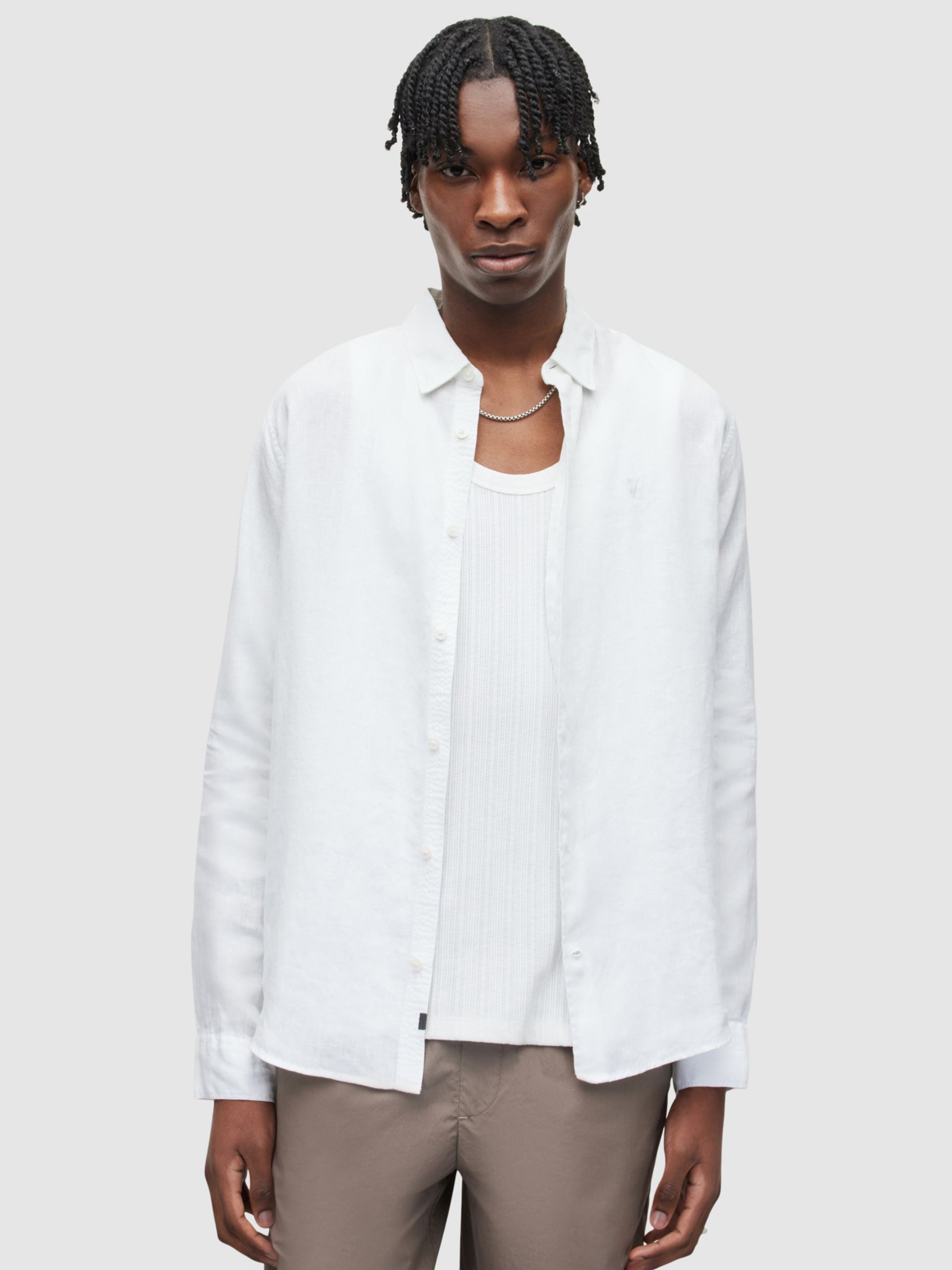 AllSaints Cypress Linen Long Sleeve Shirt, Optic White, S