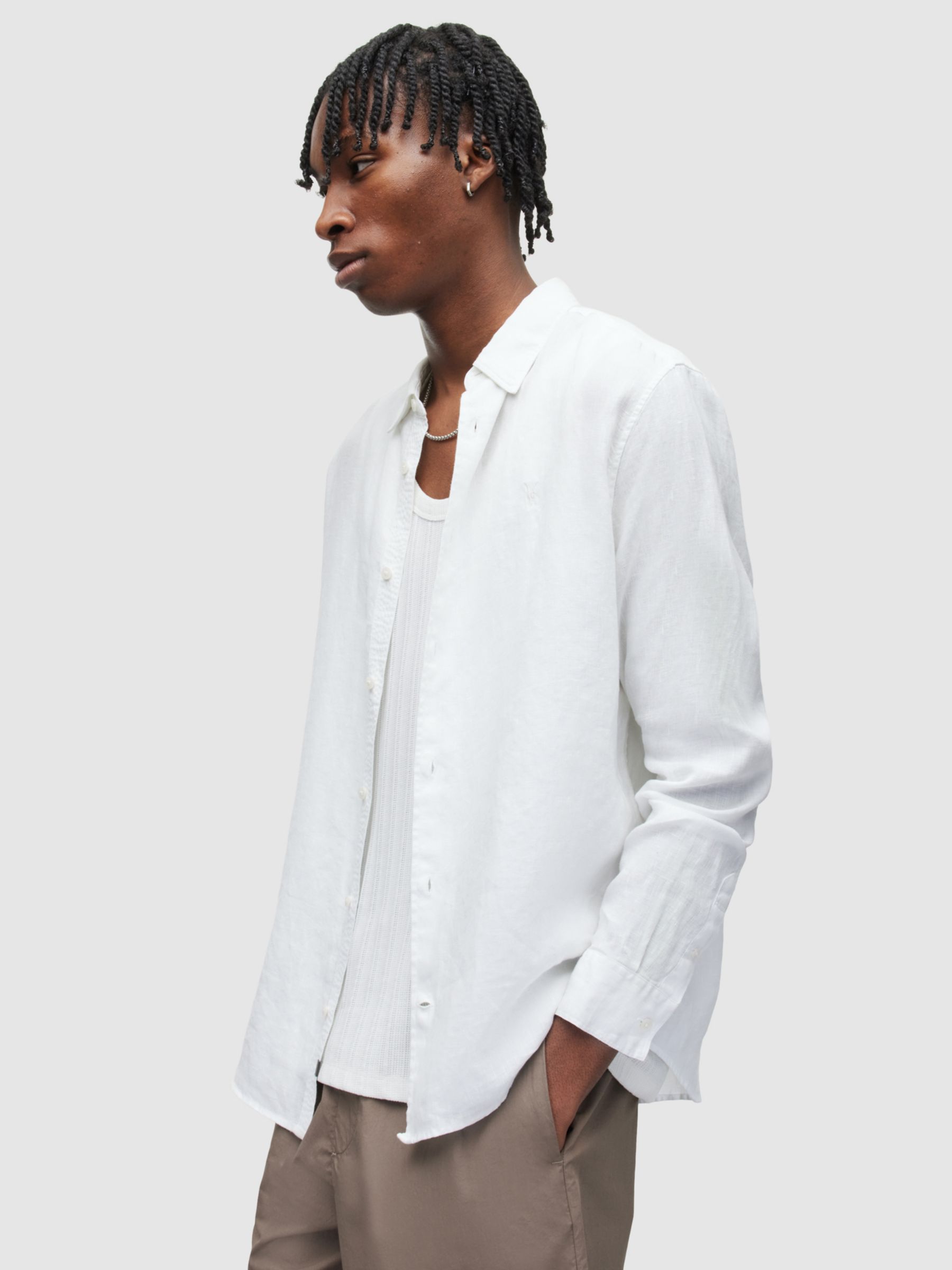 AllSaints Cypress Linen Long Sleeve Shirt, Optic White, S