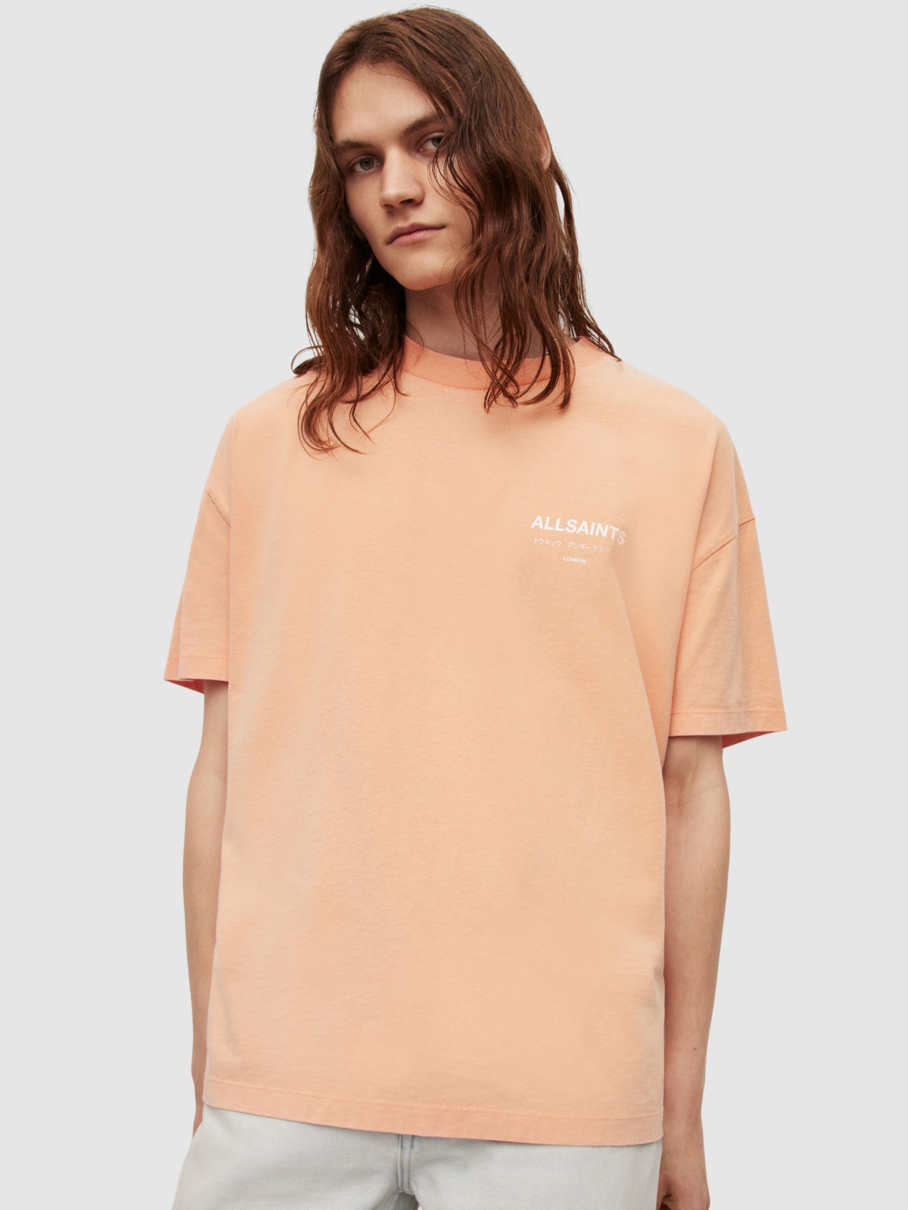 AllSaints Underground T-Shirt, Orange/Cala White at John Lewis & Partners