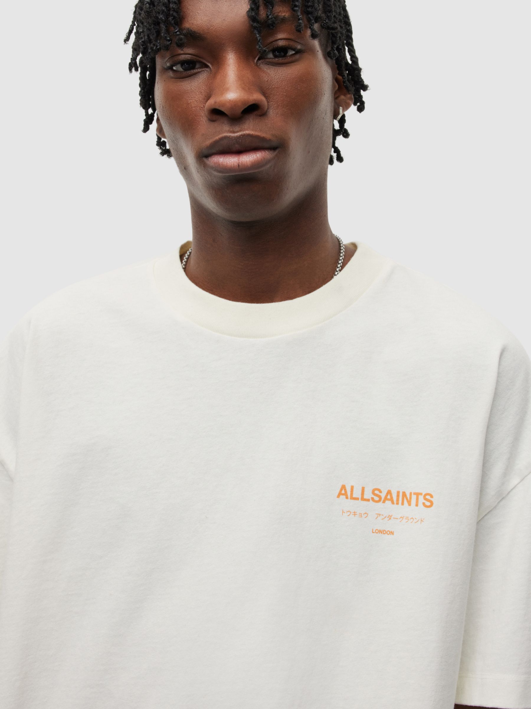 AllSaints Underground T-Shirt, Ashen White/Orange at John Lewis & Partners