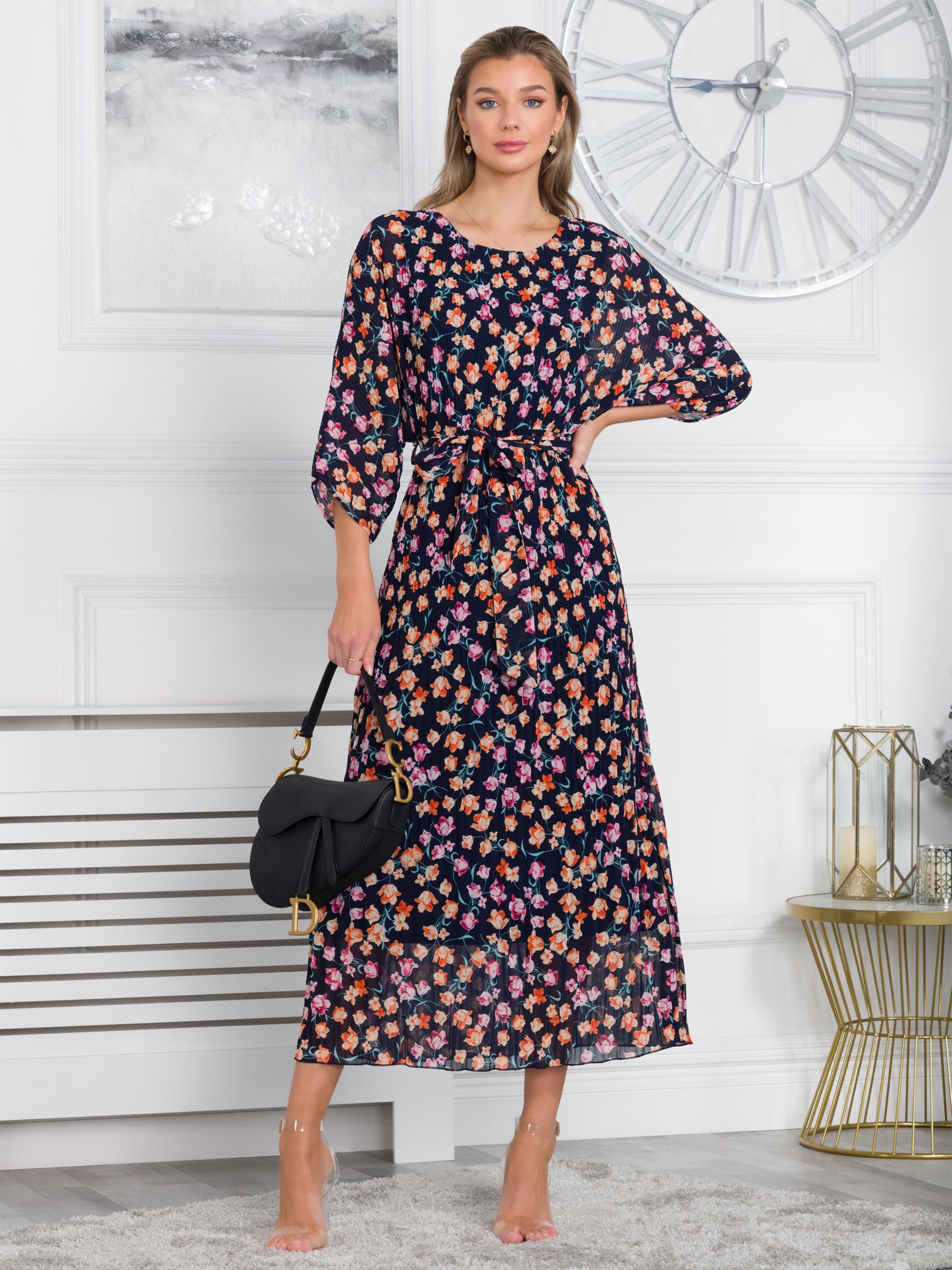 Jolie Moi Chiffon Floral Midi Dress, Navy at John Lewis & Partners