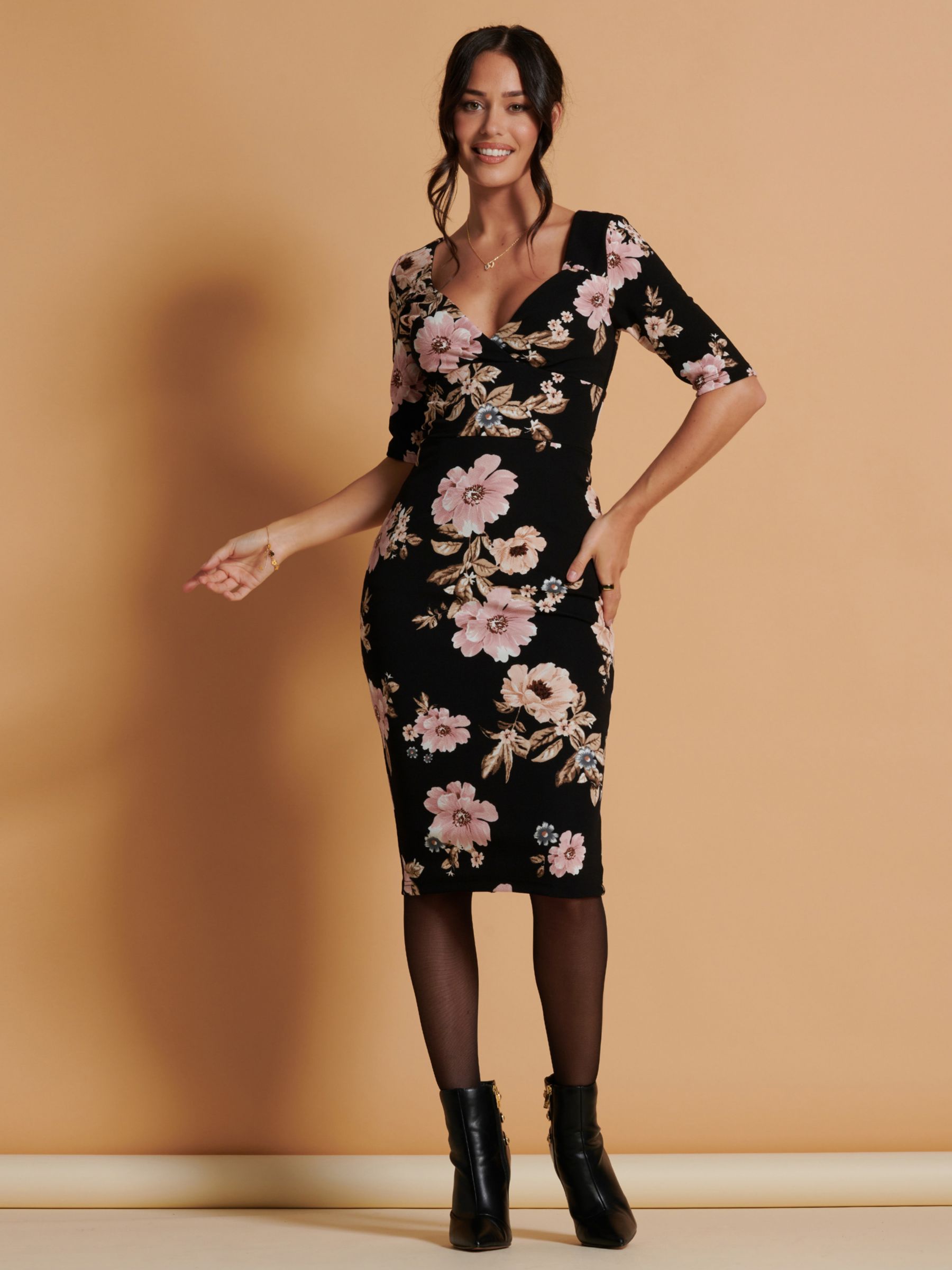 Jolie Moi Bodycon Floral Dress, Black, 8