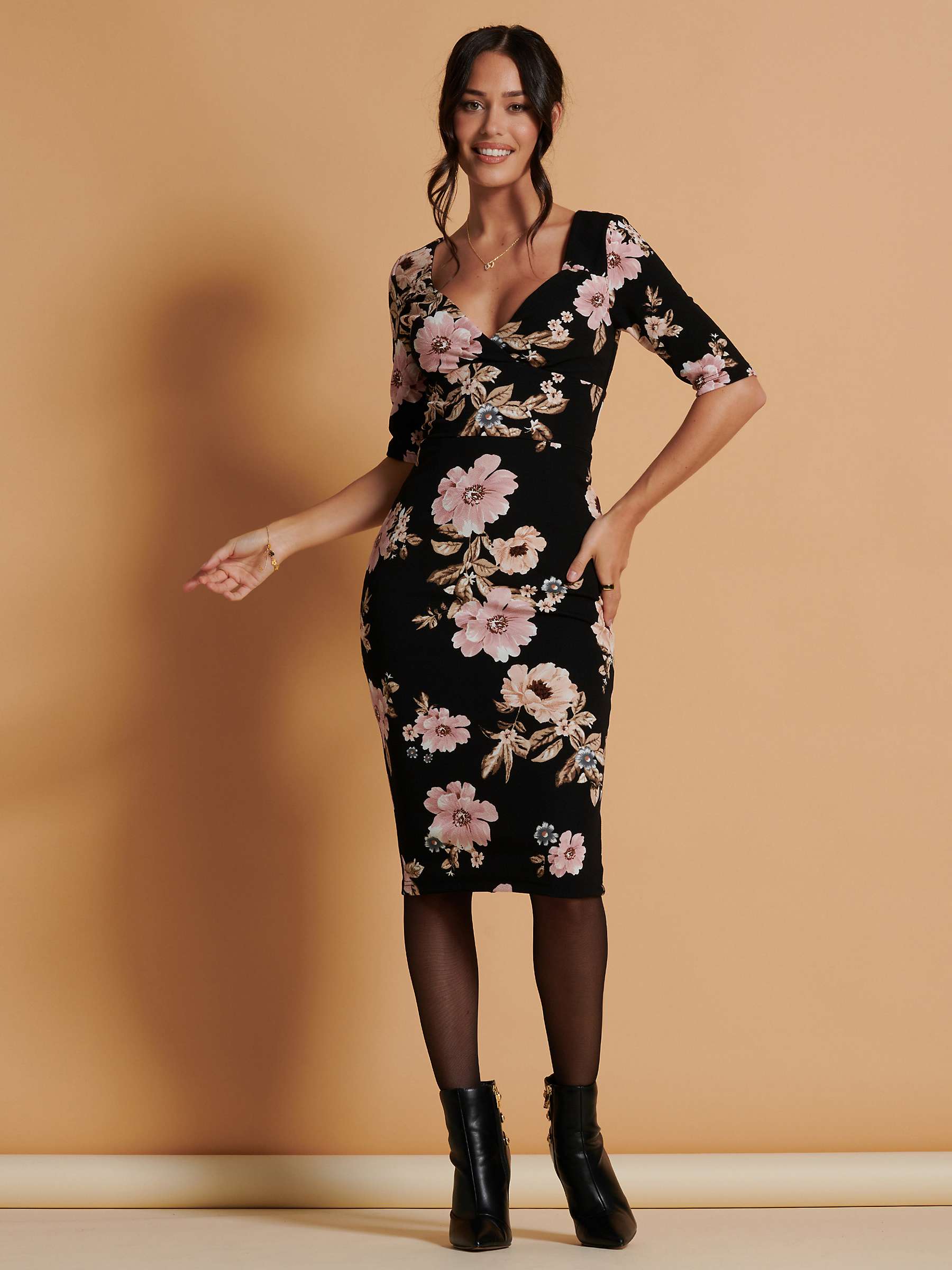 Buy Jolie Moi Bodycon Floral Dress, Black Online at johnlewis.com