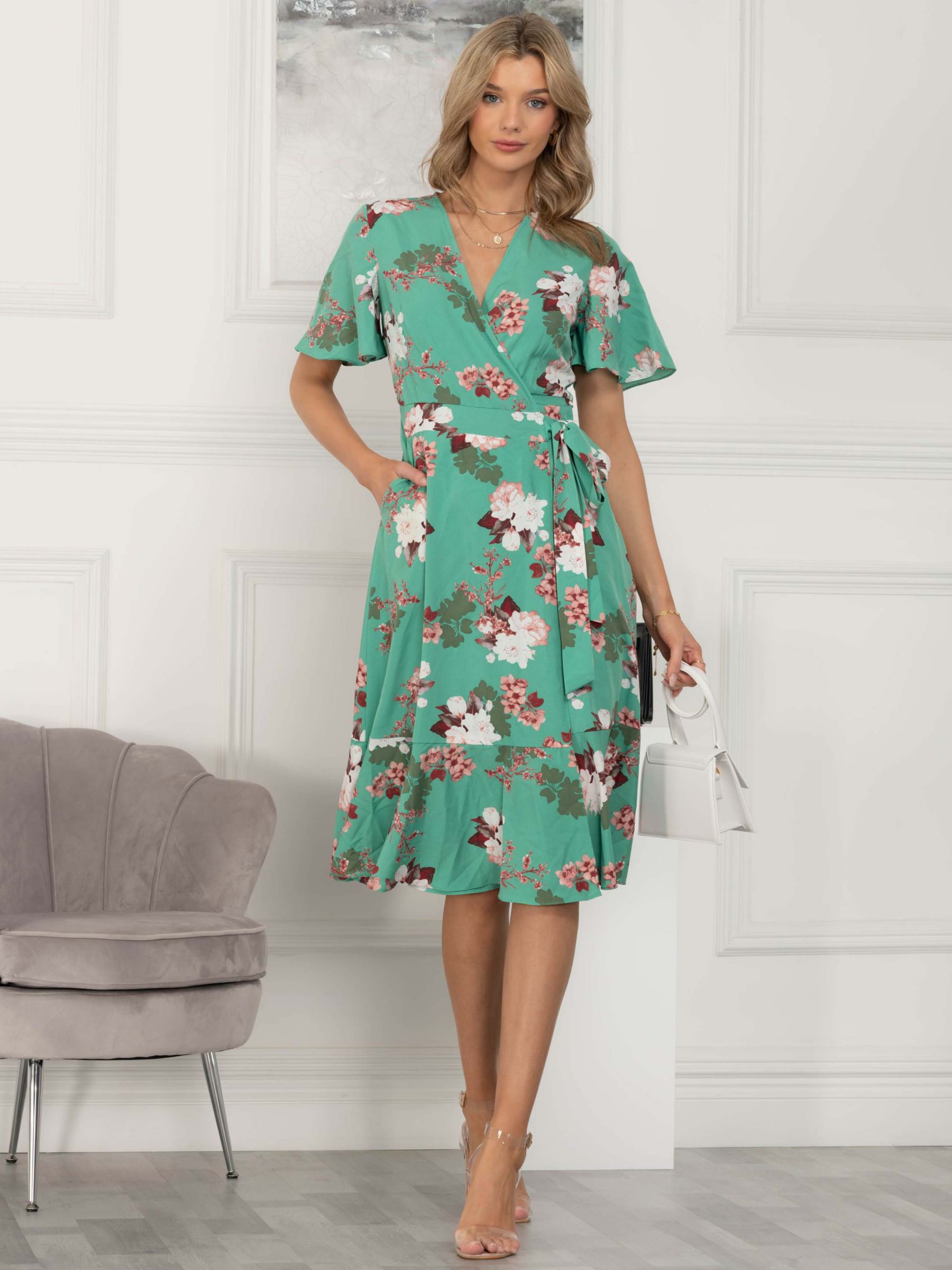 Jolie Moi Wylla Wrap Midi Dress, Green Floral, 8