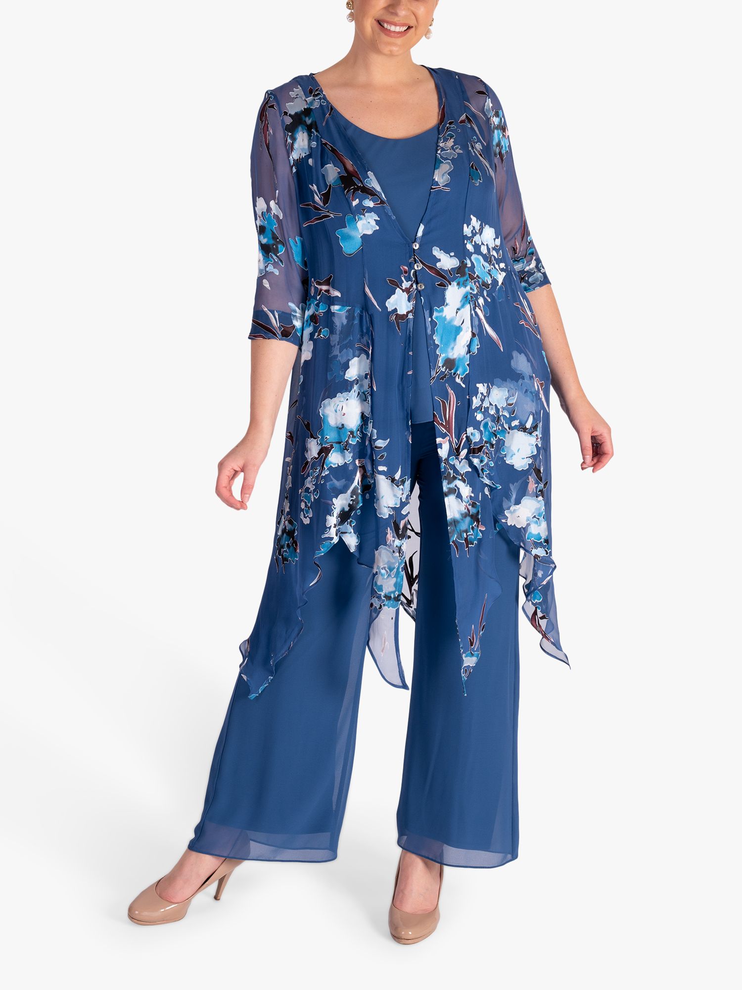 chesca Pixie Floral Silk Blend Chiffon Coat, Bluebird/Multi, 14