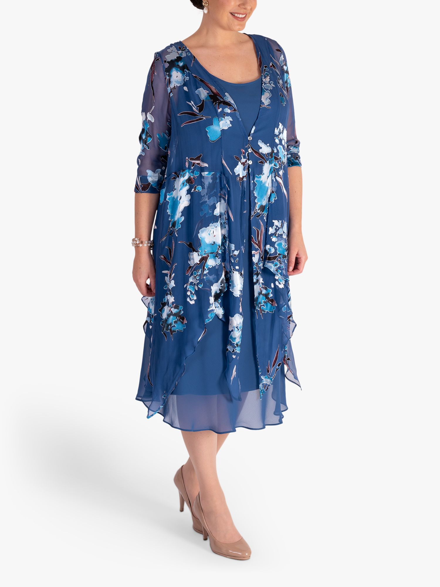 chesca Pixie Floral Silk Blend Chiffon Coat, Bluebird/Multi, 14
