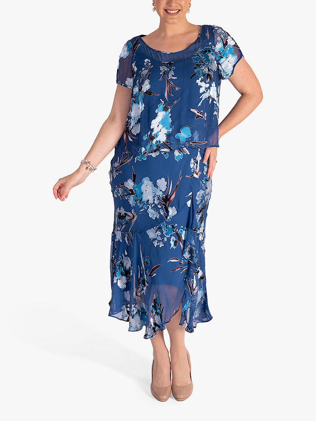 chesca Floral Silk Blend Chiffon Midi Dress, Bluebird/Multi