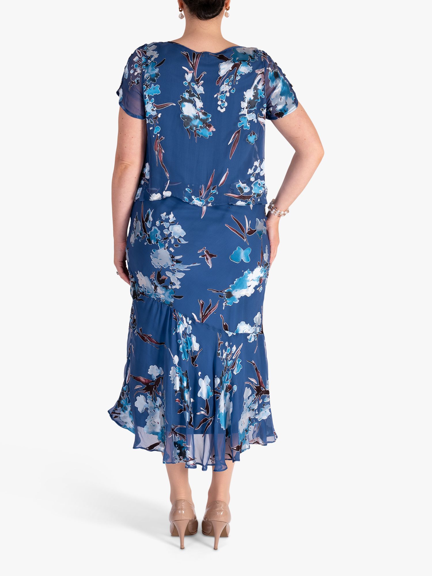 chesca Floral Silk Blend Chiffon Midi Dress, Bluebird/Multi, 14