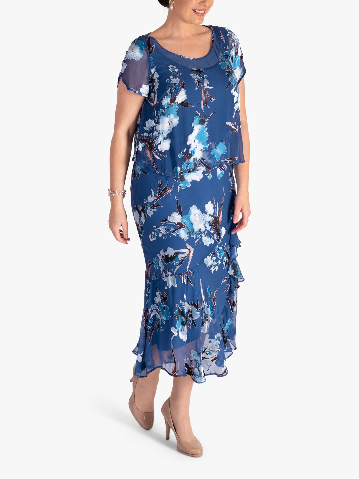 chesca Floral Silk Blend Chiffon Midi Dress, Bluebird/Multi, 14