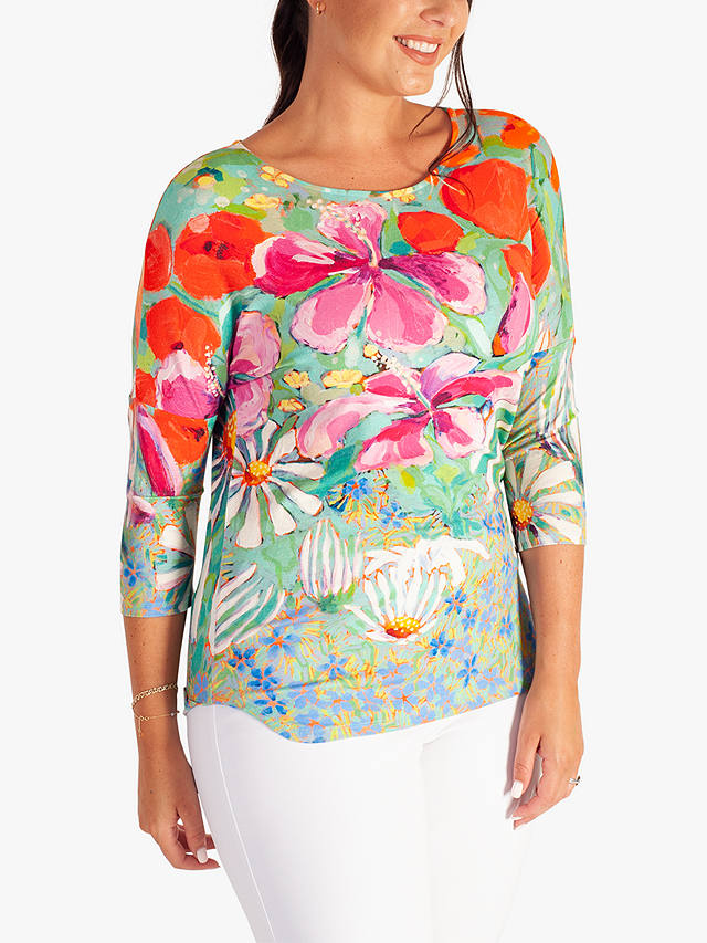 chesca Tropical Print Floral Jersey Top, Green/Multi