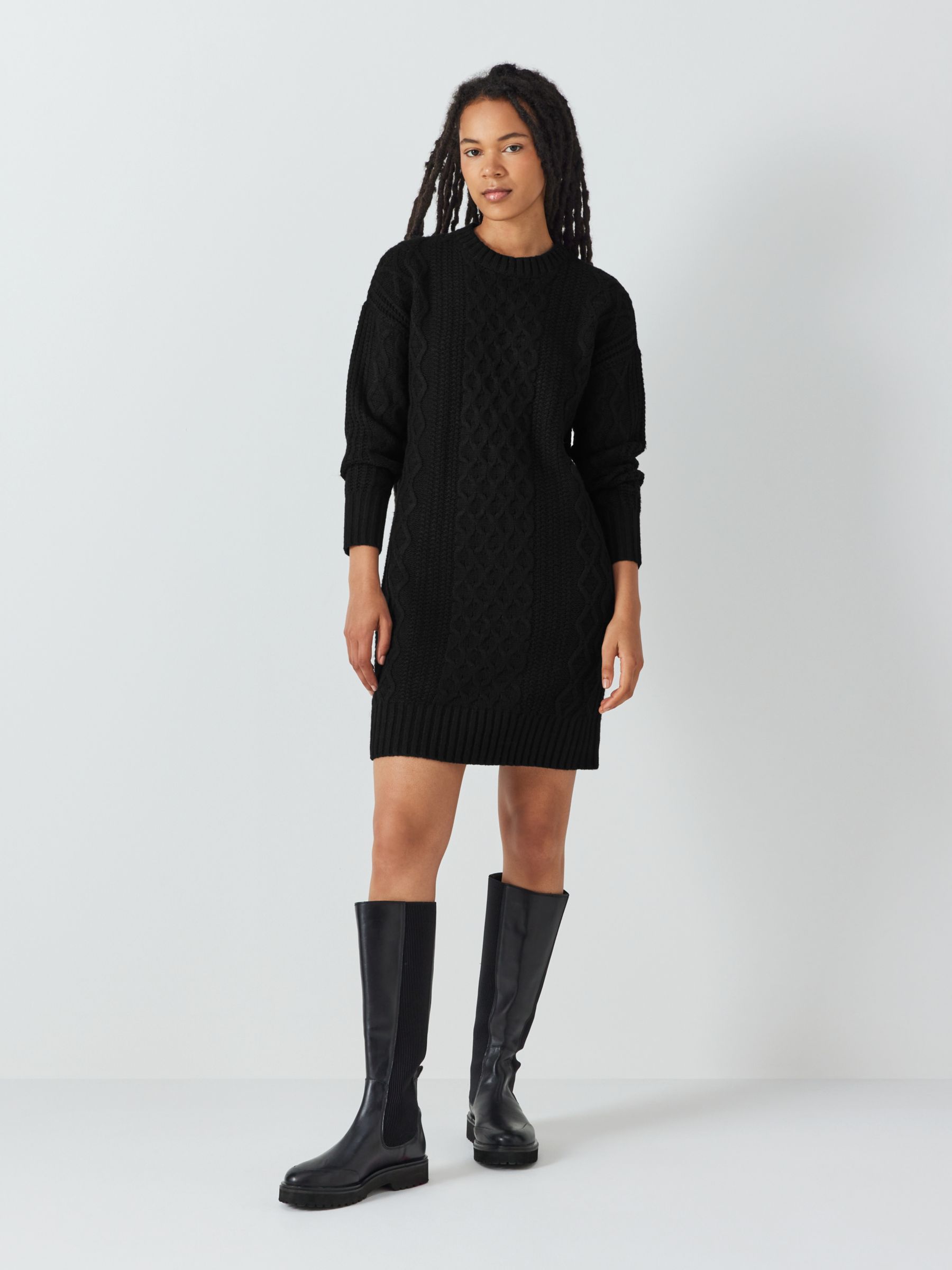 John Lewis ANYDAY Plain Cable Knit Jumper Dress, Black, XS