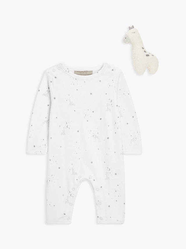 John Lewis Heirloom Collection Baby Organic Cotton Giraffe Print Sleepsuit, Soft Toy and Gift Box Set
