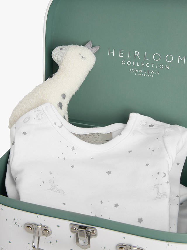 John Lewis Heirloom Collection Baby Organic Cotton Giraffe Print Sleepsuit, Soft Toy and Gift Box Set